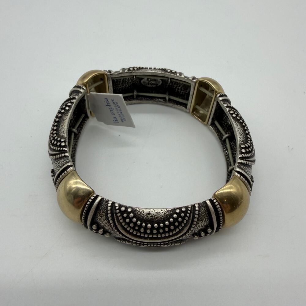 Lia Sophia Chunky Silver Tone Stretch Bracelet Kiam Family Beaded Cuff Boho